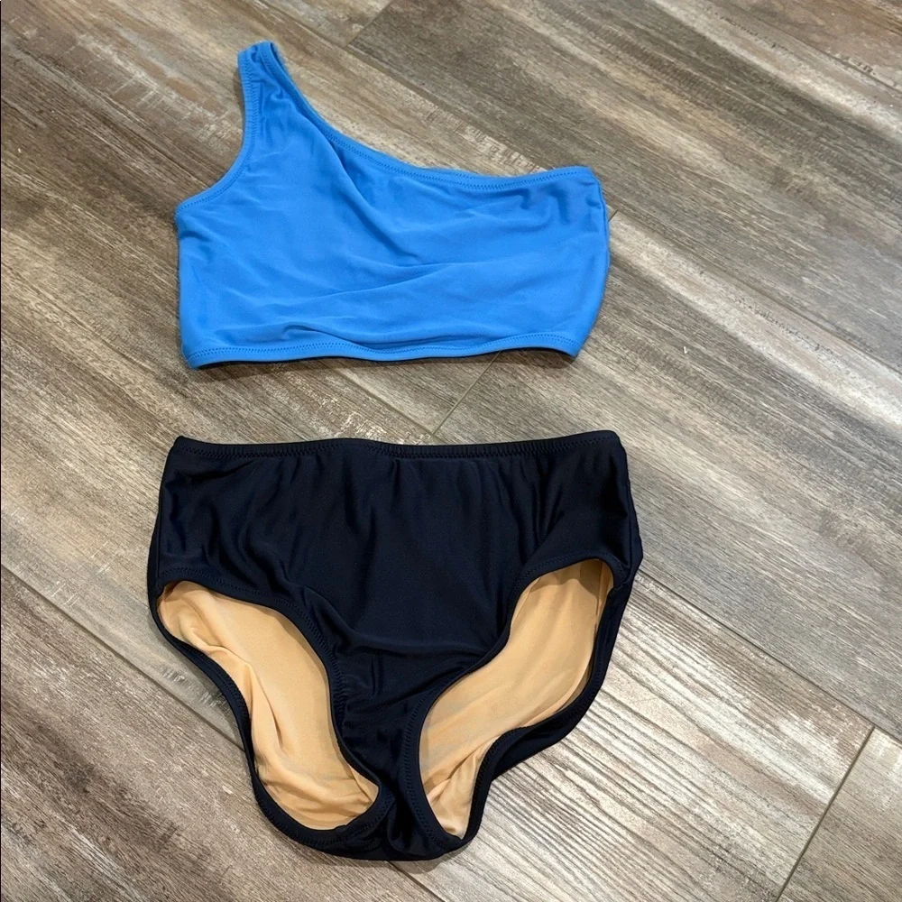 Crewcuts 2 piece one shoulder blue and navy modest bikini size 12
